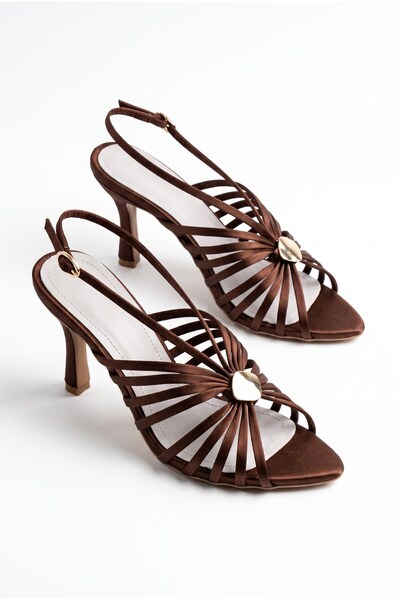 v.s.h velvet Pantofi cu toc pentru femei Taran Brown din satin, cu vârf desch...