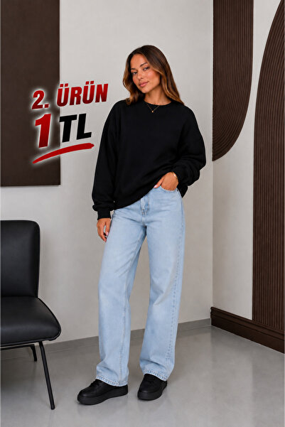 ESADE Kadın Bisiklet Yaka Rahat Kalıp İçi Yünlü 2.ürün 1 TL Siyah Sweatshirt