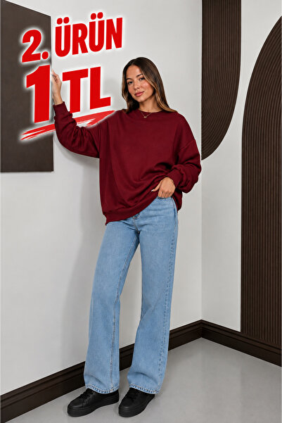 ESADE Kadın Bisiklet Yaka Rahat Kalıp İçi Yünlü 2.ürün 1 TL Bordo Sweatshirt