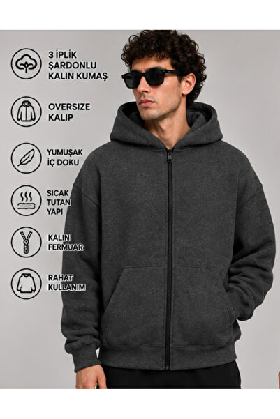 Deep sense Men's Navy Blue Hooded Zippered Oversize Sweatshirt Winter School ...