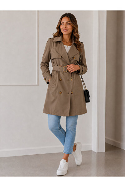 VıoShıne Women's Patterned Lined Belted Double-Breasted Buttoned Trench Coat
