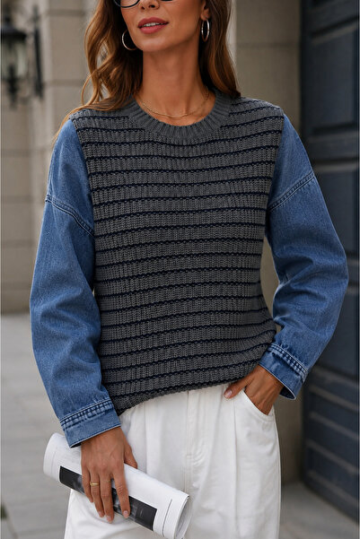 EGEMS Women's Striped Sweater with Denim Sleeve Detail