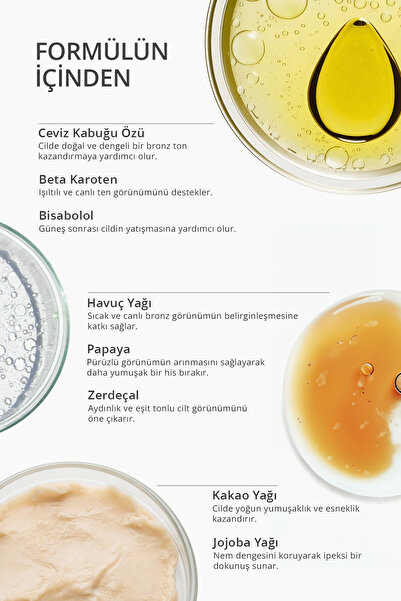 Lien Beaute Kraliçe Arı Yoğun Bronzlaştırıcı Tüy Azaltıcı Pürüzsüzleştirici Işıltı ve Bakım Verici Yağ Ceviz Kabuğu Kakao Beta Karoten Jojoba Havuç Papaya Zerdeçal