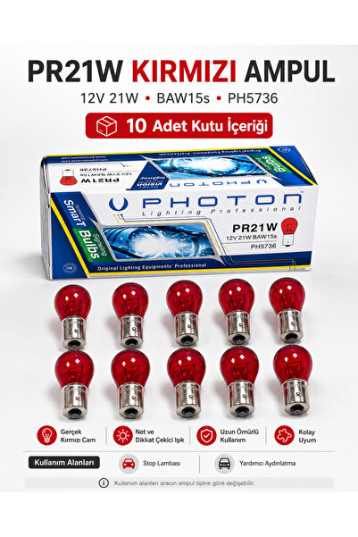 Photon PR21W Kırmızı Ampul 10 Adet 12V 21W BA15s Otomobil Stop Ampulü