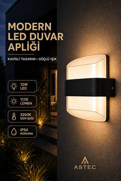 ASTEC Elit 12W Kavisli Elektrikli LED Duvar Aplik 3200K Gün Işığı İç Dış Mekan Balkon Bahçe Su Toz Geçirmez