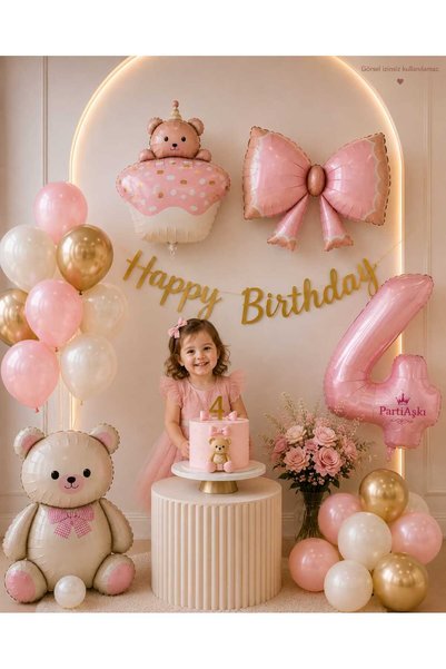 PARTİ AŞKI Pembe Fiyonk Kız Çocuk Sevimli Ayıcık Set- 6'lı Doğum Günü Folyo B...