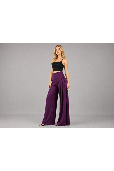 De Carte Women's Modal Fabric High Waist Crossed Closed Slit Detailed Wide Le...