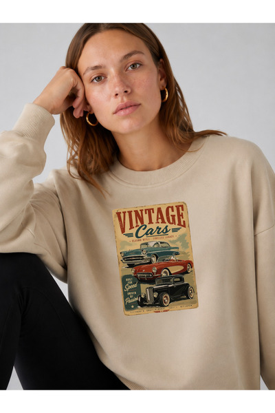 ESADE Kadın Vintage Vars Üçlü Araba Baskılı Rahat Kalıp Bisiklet Yaka Bej Swe...