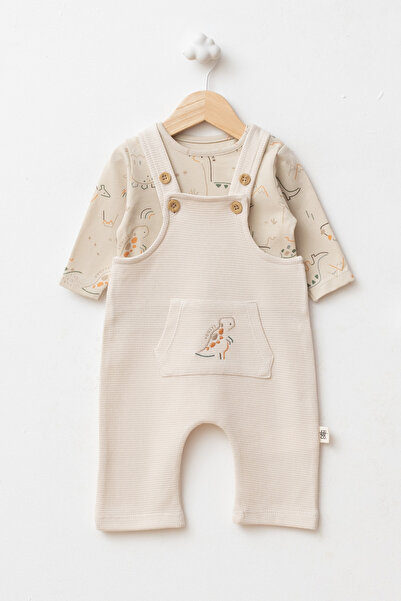 lilico Baby Boy Dinosaur Patterned Bodysuit and Waffle Fabric Buttoned Salope...