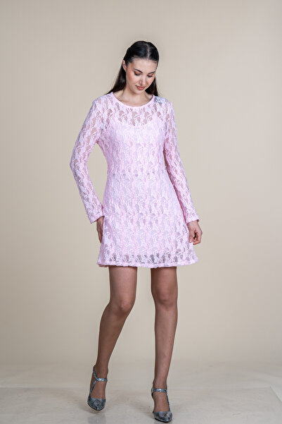MissVina Rochie mini cu mânecă lungă, cu dantelă din tul roz, pentru femei 50380