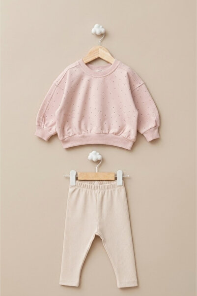 LOGO AKSESUAR Baby Girl Pink Mini Spotted 2 Thread Sweatshirt and Ecru Camiso...