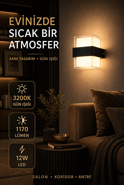 ASTEC Elektrikli Elit 12W Kare LED Duvar Aplik Suya Toza Dayanıklı 3200K Gün Işığı İç Dış Mekan Balkon Bahçe