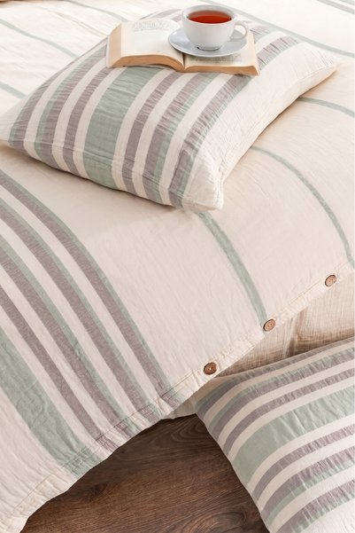 Lorenzella Natural Muslin Duvet Cover Set Double Size 100% Cotton 4 Pieces - Non-Ironing Anti-Sweat Striped Bohemian Set