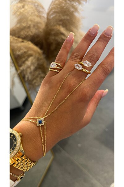GLARE JEWELRY CO Blue Bead Detailed Cut Zircon Stone Luxury Stainless Steel Ş...