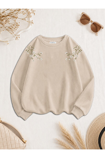 ESADE Kadın Yeşil Dal Omuz Baskılı Rahat Kalıp Bisiklet Yaka Bej Sweatshirt