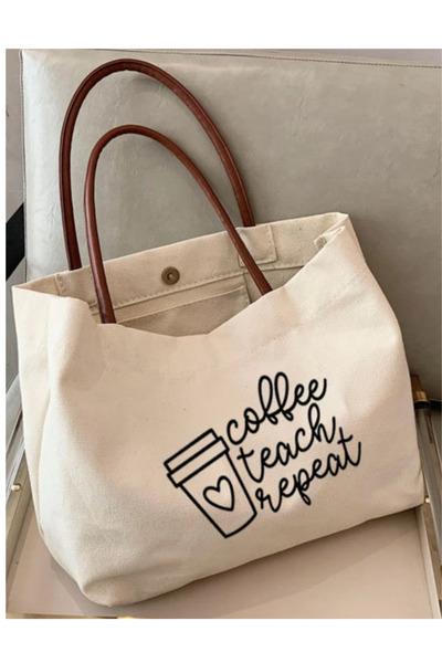 Marecot Canvas Teacher Written Shoulder Bag Large Volume Brown Handle Daily T...