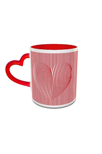 Generic Impress Ceramic Coffee Mug with Striped Heart Design - White & Red