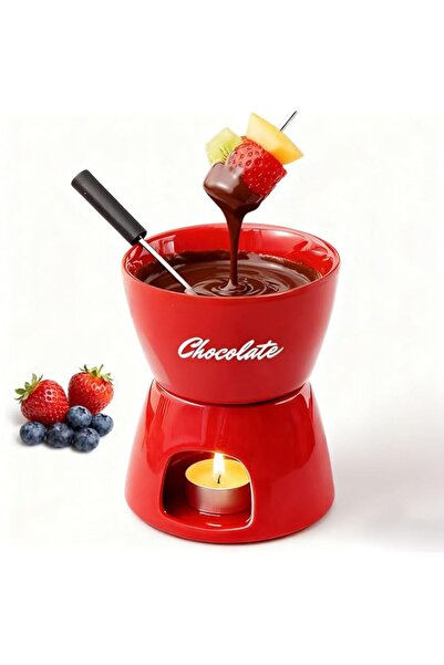 Generic Red Ceramic Cheese & Chocolate Fondue Set with 2 Dipping Forks – Mini...