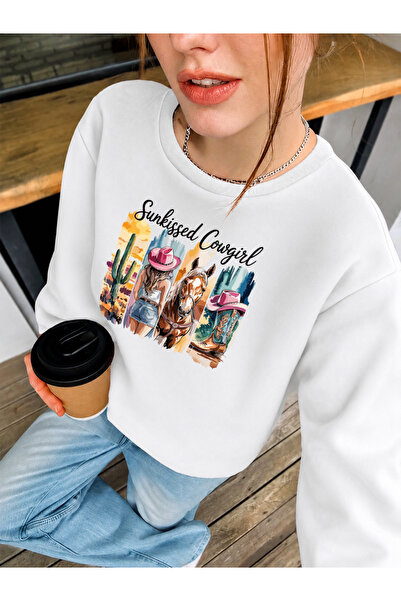 ESADE Kadın Sunkissed Cowgirl Baskılı Bisiklet Yaka Beyaz Sweatshirt