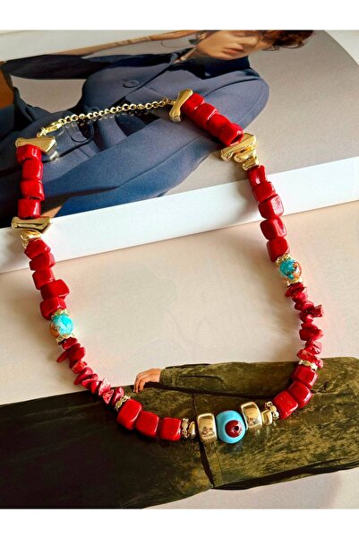 Store By Dilara Coralia Kırmızı ve Turkuaz Boncuklu Kolye – Gold Detaylı Bohe...