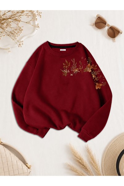 ESADE Kadın Dal Sonbahar Kol Baskılı Rahat Kalıp Bisiklet Yaka Bordo Sweatshirt