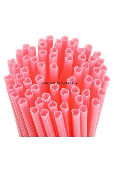 Generic 100 Pieces Valentine Straws Heart Shaped Pink Straws Individually Wra...