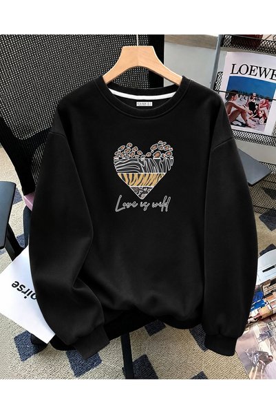 ESADE Women's Love Is Wild Graphic Comfortable Fit Crew Neck Black Sweatshirt