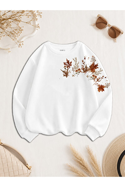 ESADE Kadın Dal Sonbahar Kol Baskılı Rahat Kalıp Bisiklet Yaka Beyaz Sweatshirt