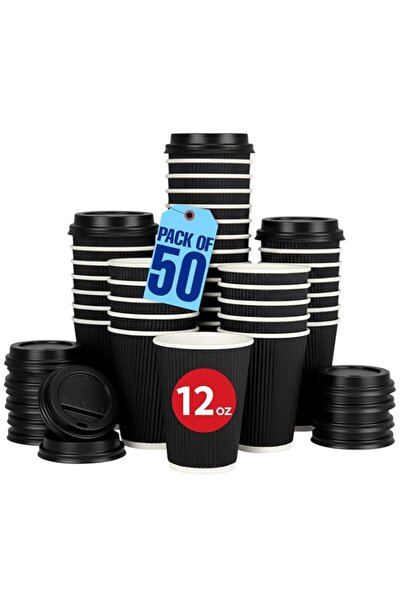 Generic MARKQ [Set of 50] [12 Oz] Black Disposable Coffee & Tea Cups with Lid...