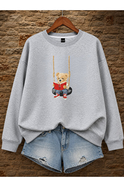 ESADE Kadın Teddy Bear Ayıcık Baskılı Rahat Kalıp Bisiklet Yaka Gri Sweatshirt