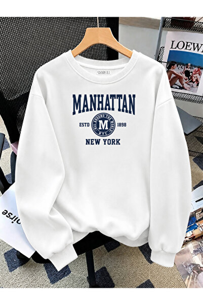 ESADE Kadın Manhattan Estd 1898 Baskılı Rahat Kalıp Bisiklet Yaka Beyaz Sweat...