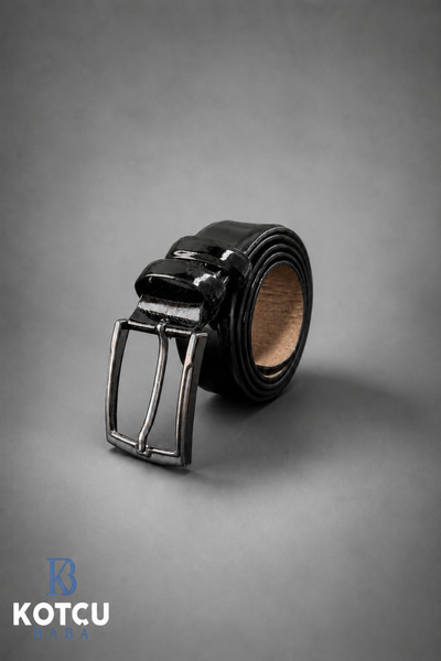 KOTCUBABA Men's Faux Leather Shiny Black Classic Buckle 3.5 cm Belt