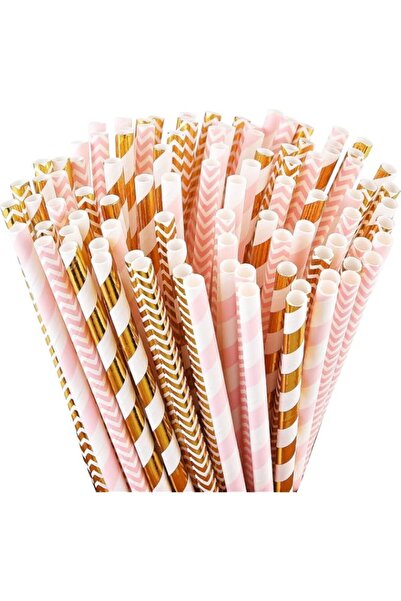 Generic 100 Pcs Biodegradable Paper Straws, 7.75 Inch Pink and Gold Party Sup...