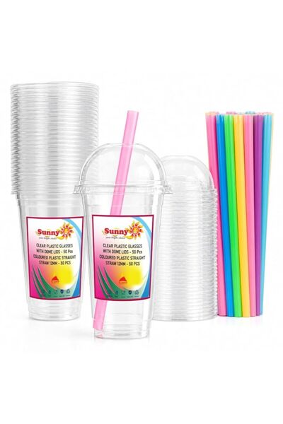 Generic Sunny Clear Plastic Cups with Dome Lids & Straws, 16 oz (Pack of 50) ...
