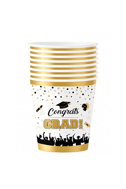 Generic 8pcs Graduation Party Paper Cups, White Gold, Disposable Drinking Mug...