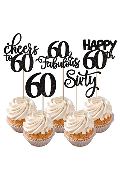 Generic Rsstarxi 30 Pack Happy 60th Birthday Cupcake Toppers Black Glitter Si...