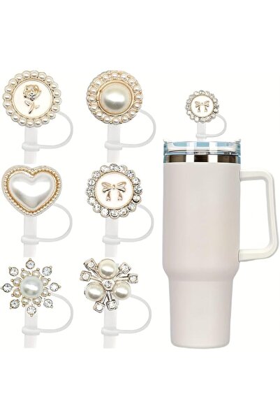 Generic Tazweeq 6Pcs Straw Cover for Stanley Tumbler, Bling Pearl Straw Toppe...