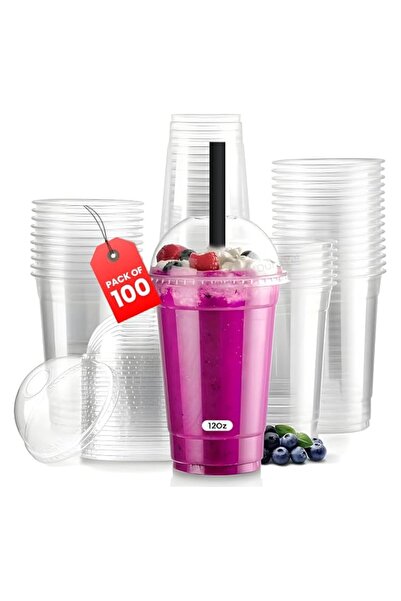 Generic Duravel Clear Juice Cups with Dome Lids and Straws,(12Oz Pack Of 100)