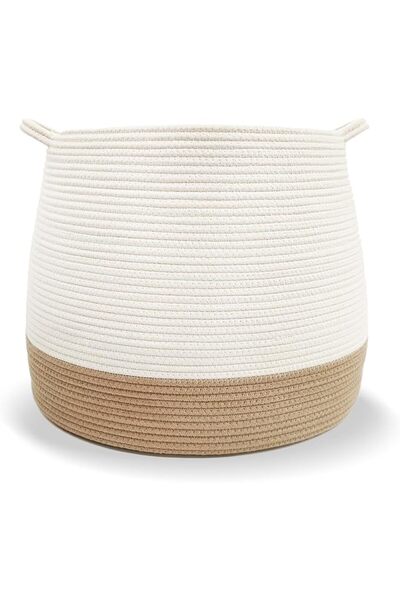 Blinggo Large Woven Basket, Cotton Rope Laundry Basket with Handles, Decorati...