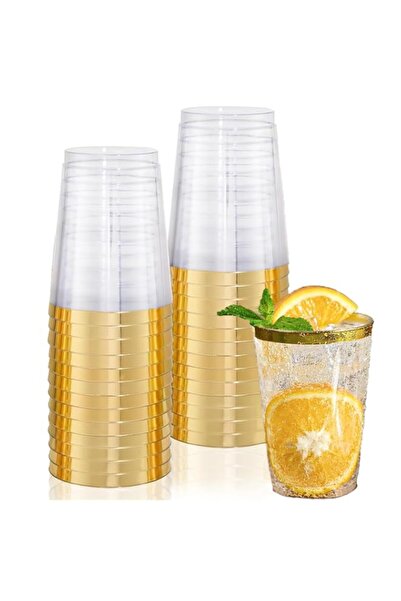 Generic Gold Party Cups, Clear Hard Plastic Cups 300 ML with Gold Rim, Reusab...