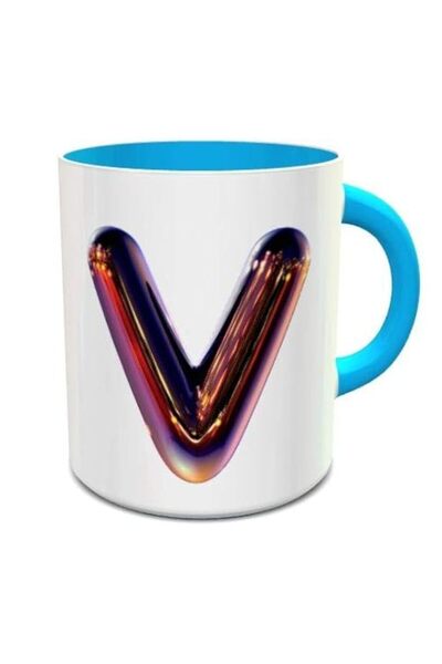 Generic Impress Ceramic Coffee Mug with Night Chrome Letter V (White/Blue)