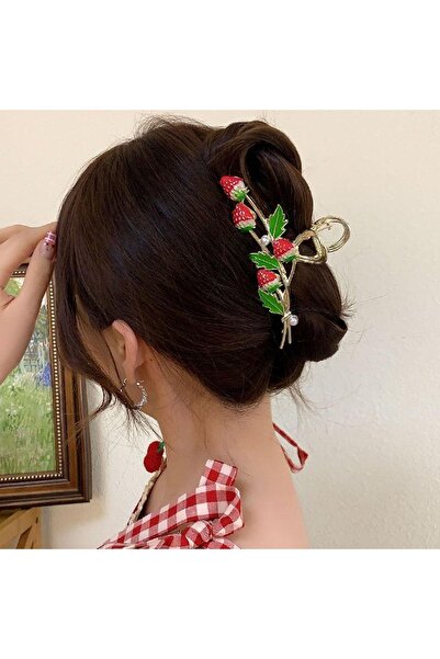 Glamluxe Gold Color Fruit Figured Red Strawberry Design Metal Hair Clip