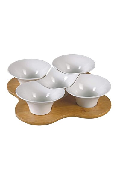 Generic Shallow 5 Compartment Porcelain Serving Dish With Bamboo Stand, White...