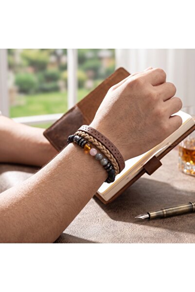 HOBİSY GIFT SHOP Brown Leather and Black Natural Stone Combination Double Men...