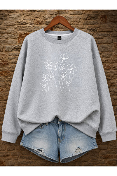 ESADE Kadın Cizgi Çiçek Baskılı Rahat Kalıp Bisiklet Yaka Gri Sweatshirt