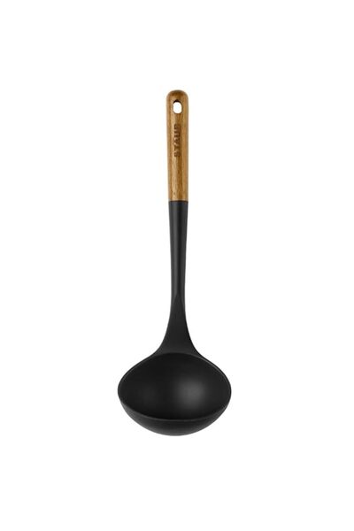 Generic Staub Soup Ladle. Ergonomic Acacia wood handle. Matte black silicone ...