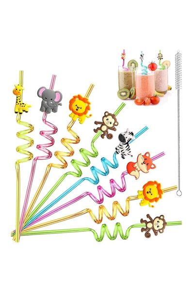Generic 8Pcs Reusable Multicolor Spiral Straws–Glitter Forest Animal Design J...