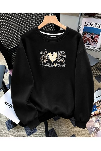 ESADE Women's Peace Love Graphic Printed Comfortable Fit Crew Neck Black Swea...
