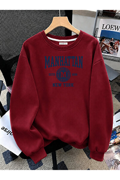 ESADE Kadın Manhattan Estd 1898 Baskılı Rahat Kalıp Bisiklet Yaka Bordo Sweat...