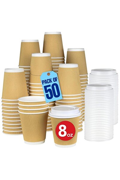 Generic MARKQ 8 Oz Brown Disposable Ripple Insulated Coffee Cups with Lids | ...